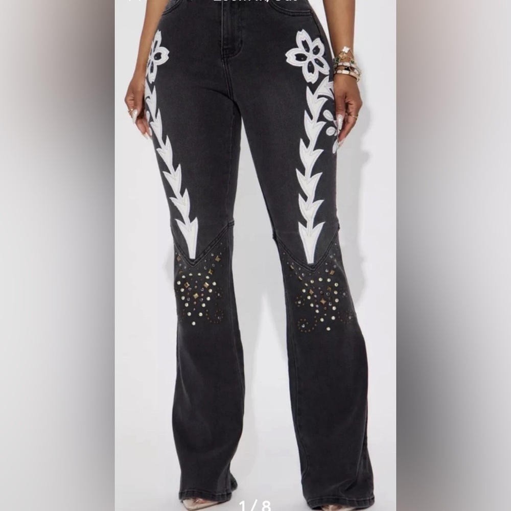 Austin landing Black and White Embroidered Flare Jeans